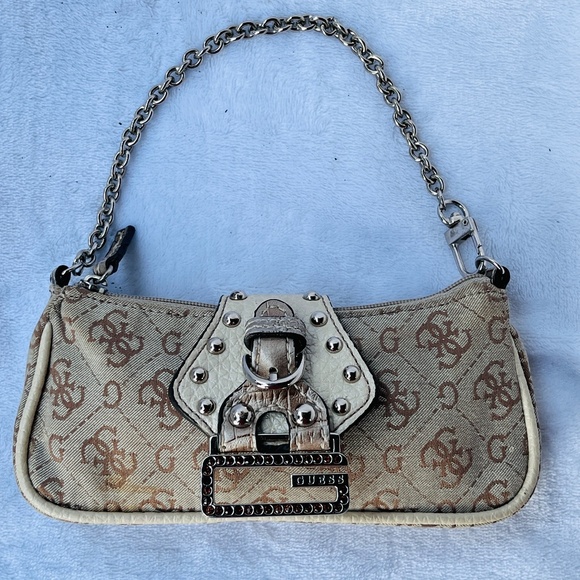 Guess Rare Vintage Hand Bag Mini Purse Monogram Tan Y2K 90s Rhinestone Chain - Picture 1 of 10